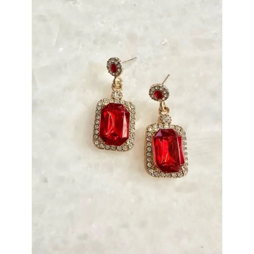 Ruby Red Radiant Cut Halo Dangle Earrings Gold Tone 1.25” Statement